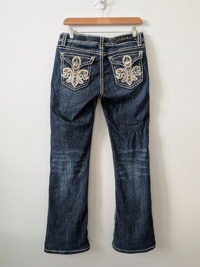 L.A. IDOL Rhinestone Fleur-de-Lis Bootcut Jeans | Size 7